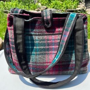 Johnson Woolen Mills Vermont plaid tote bag shoulder bag Wine, Gray, Teal plaid
